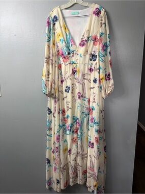 Women’s Floral V-Neck Long Sleeve Maxi Dress - Cream Multicolor Floral Print 3x